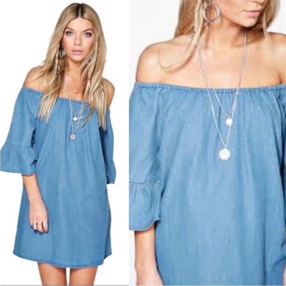 Forever 21+ Off-Shoulder Chambray Dress | Light Wash Denim Look | Size 1X | NWT - Picture 5 of 16